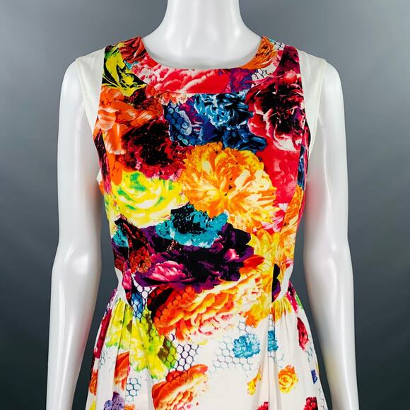 PRABAL GURUNG Size 8 White Multi Color Cotton Blend Floral Sleeveless Dress - Picture 2 of 7